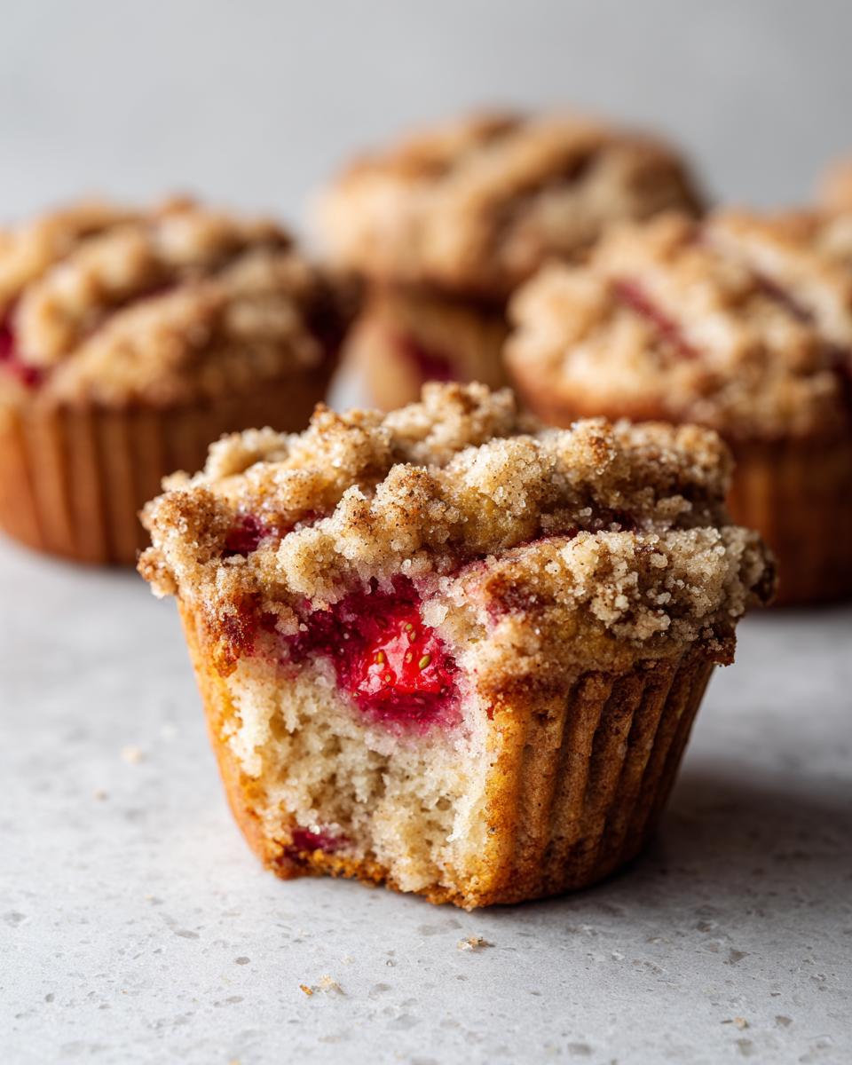 Close-up of a strawberry muffins with a bite taken out, revealing a juicy strawberry center and cinnamon streusel topping.