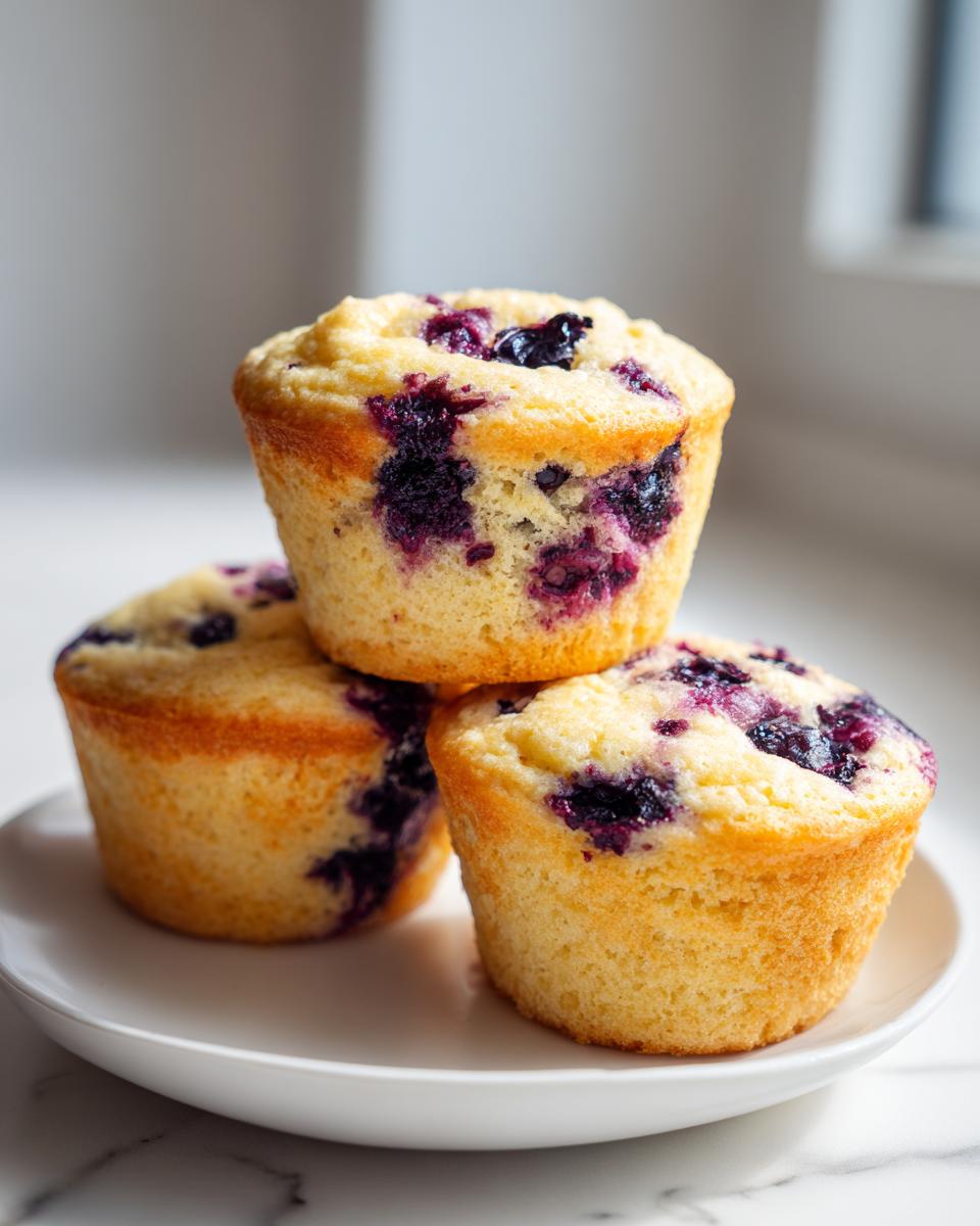 Three moist blueberry protein muffins stacked on a small white plate, showcasing the baked blueberries.