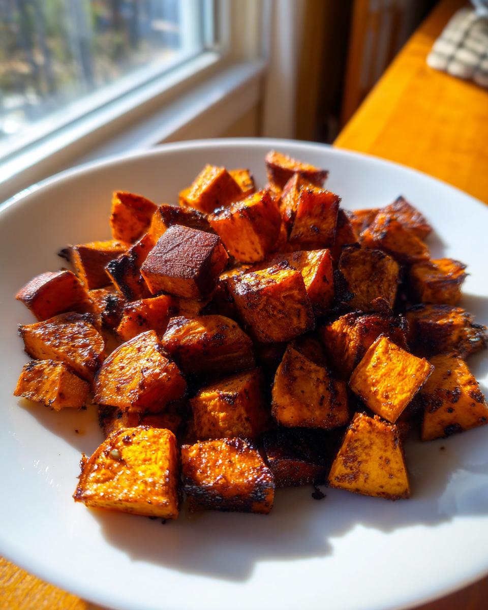 A white bowl filled with golden brown, caramelized roasted sweet potato cubes.