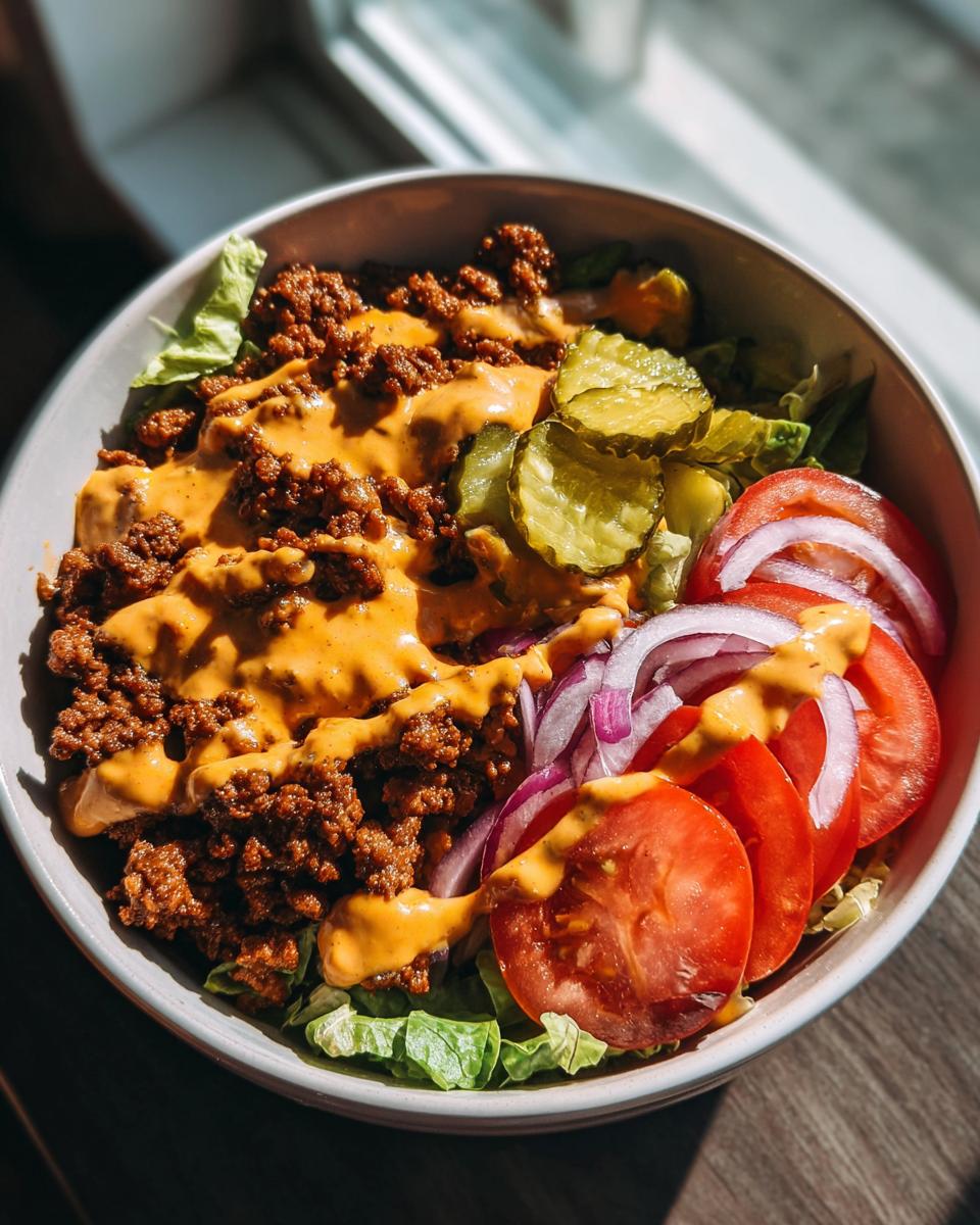 A close-up of an amazing 4-ingredient cheeseburger bowl featuring seasoned ground beef, cheese sauce, pickles, tomatoes, and red onion on lettuce.