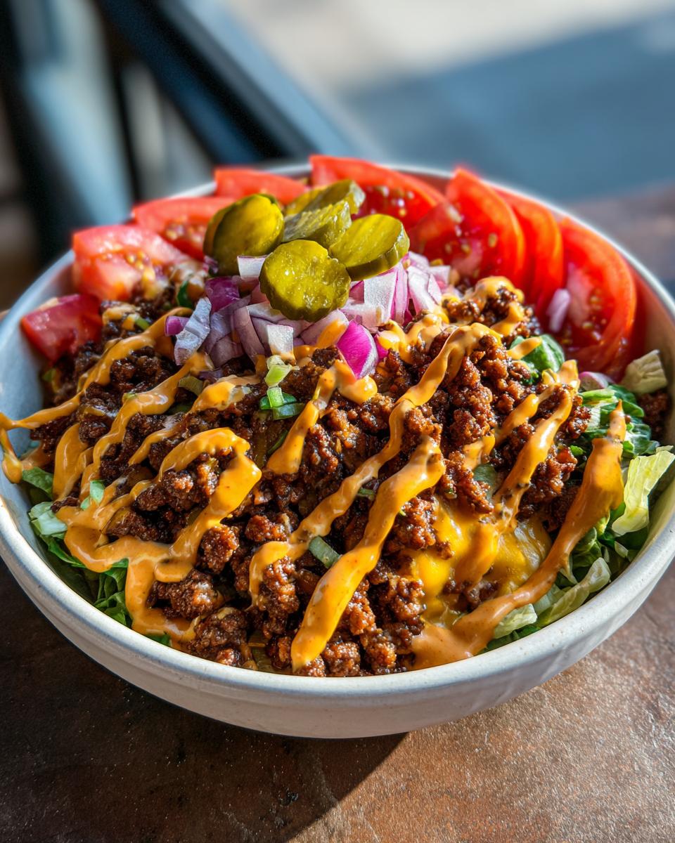 A vibrant close-up of a cheeseburger bowl featuring seasoned ground beef, melted cheese, and a special sauce drizzle over lettuce.