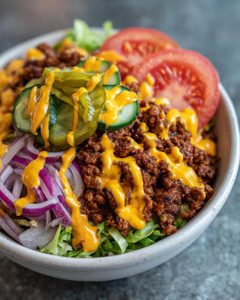 A close-up view of a delicious cheeseburger bowl featuring seasoned ground beef, shredded lettuce, red onion, pickles, tomato slices, and a drizzle of cheese sauce.