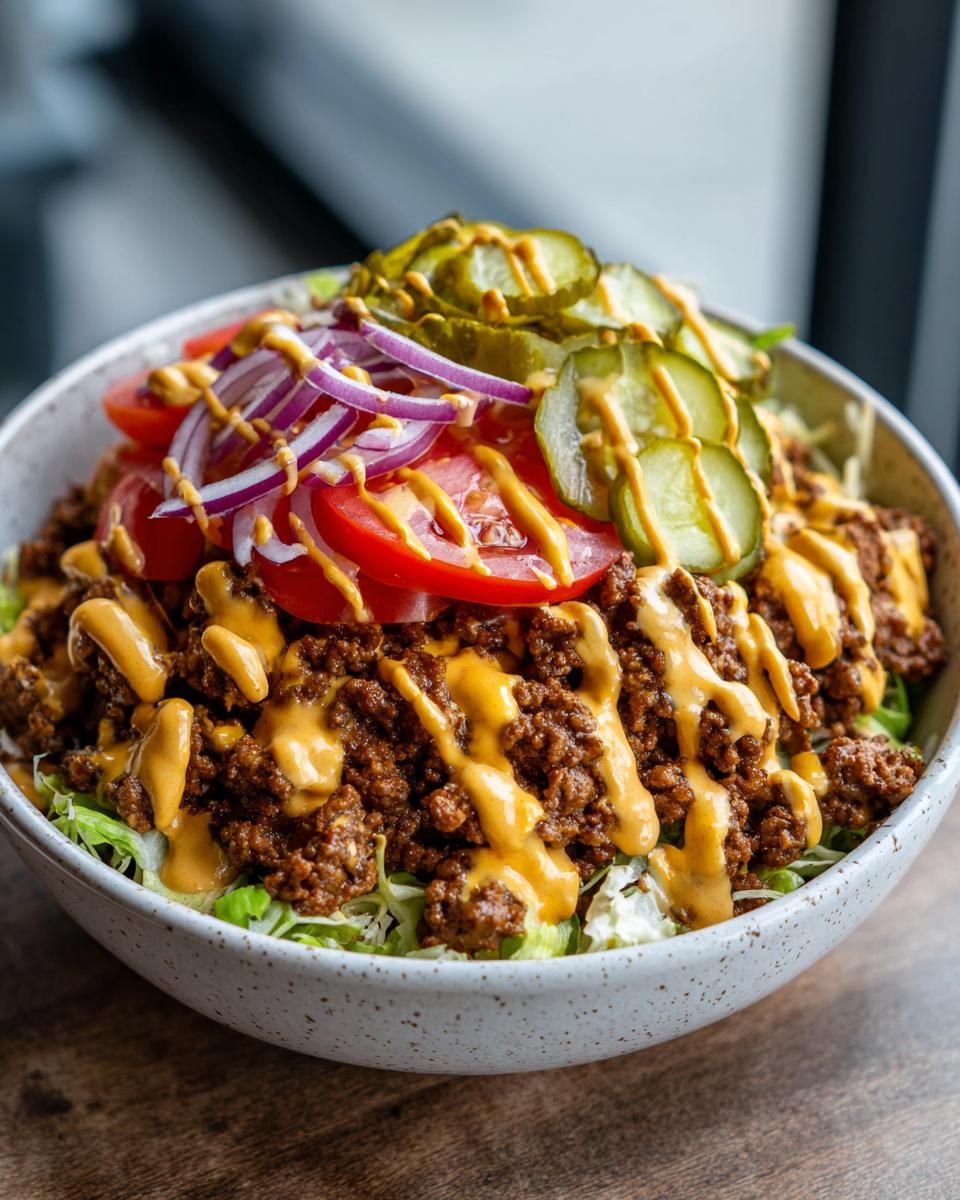 A close-up of a delicious cheeseburger bowl layered with seasoned ground beef, lettuce, tomatoes, red onion, pickles, and special sauce.