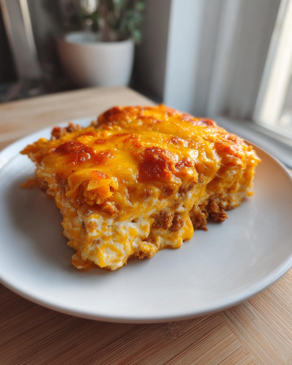 A generous slice of creamy, cheesy Dorito Casserole topped with melted cheddar cheese, served on a white plate.