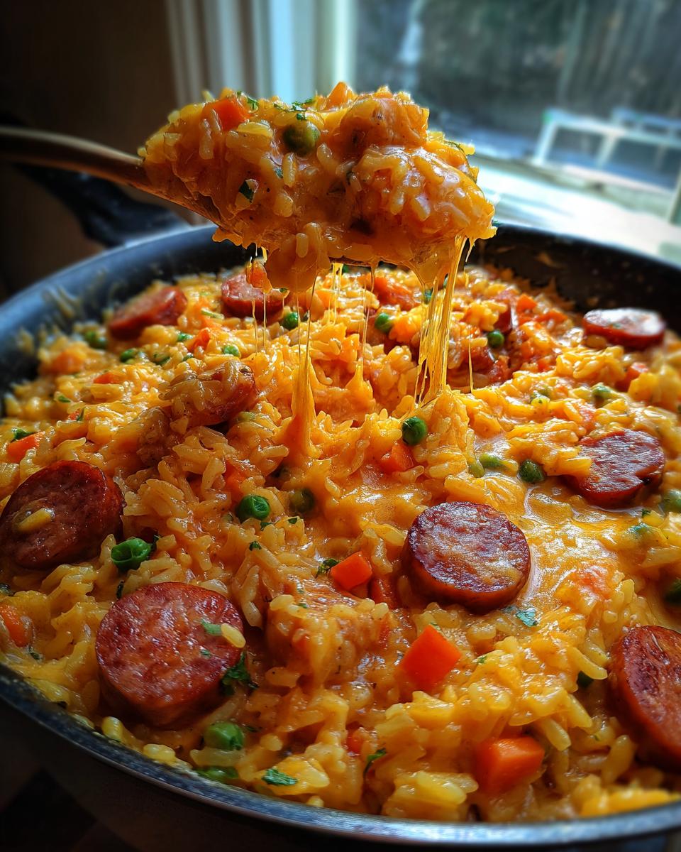 A spoonful of cheesy sausage and rice is lifted from a skillet, showing long cheese pulls.