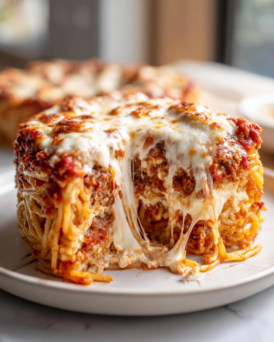 A thick, square slice of spaghetti pie showing a dramatic cheese pull from the melted mozzarella topping and interior.
