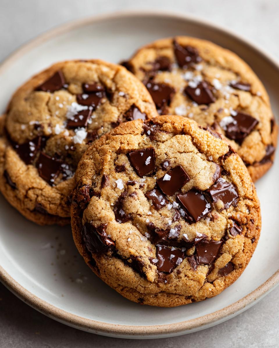 Three perfectly baked chocolate chip cookies topped with flaky sea salt resting on a light ceramic plate.