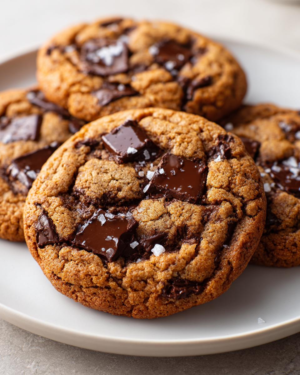 Close-up of several thick, chewy chocolate chip cookies topped with large chocolate chunks and flaky sea salt.