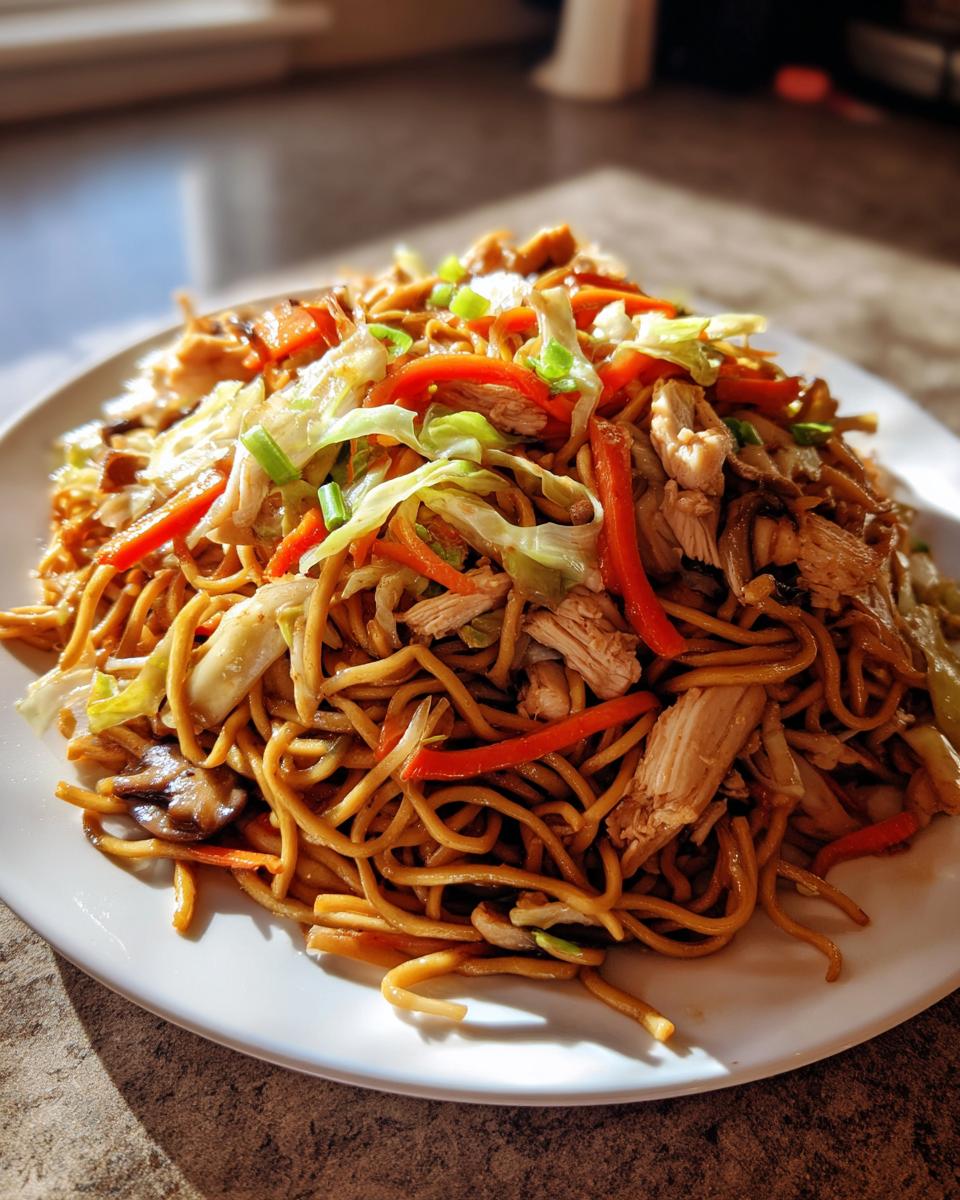 A heaping plate of homemade chicken chow mein recipe featuring noodles, shredded chicken, cabbage, and red peppers.