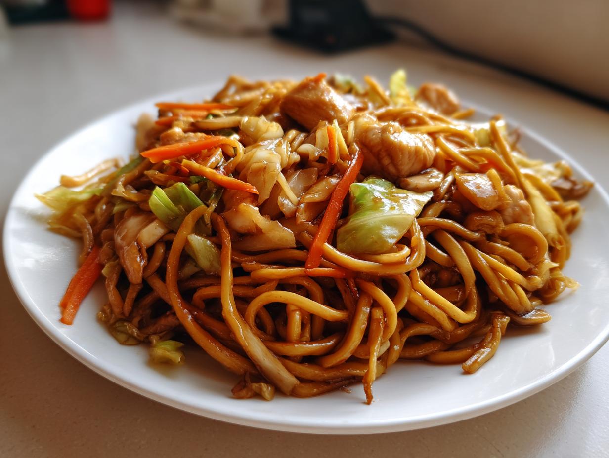 Close-up of a generous serving of homemade chicken chow mein recipe featuring noodles, chicken pieces, cabbage, and carrots.