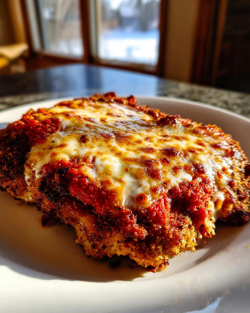Close-up of a serving of baked chicken parmesan recipe topped with melted, browned mozzarella cheese and rich tomato sauce.