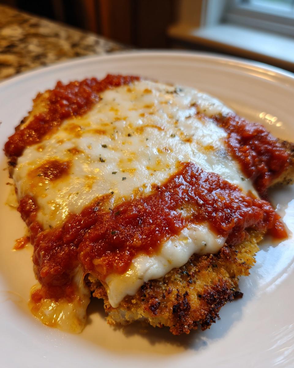 Close-up of a breaded chicken breast topped with melted mozzarella and rich marinara sauce for the chicken parmesan recipe.
