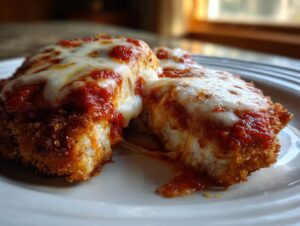 Two pieces of crispy chicken parmesan recipe topped with melted mozzarella cheese and rich marinara sauce.