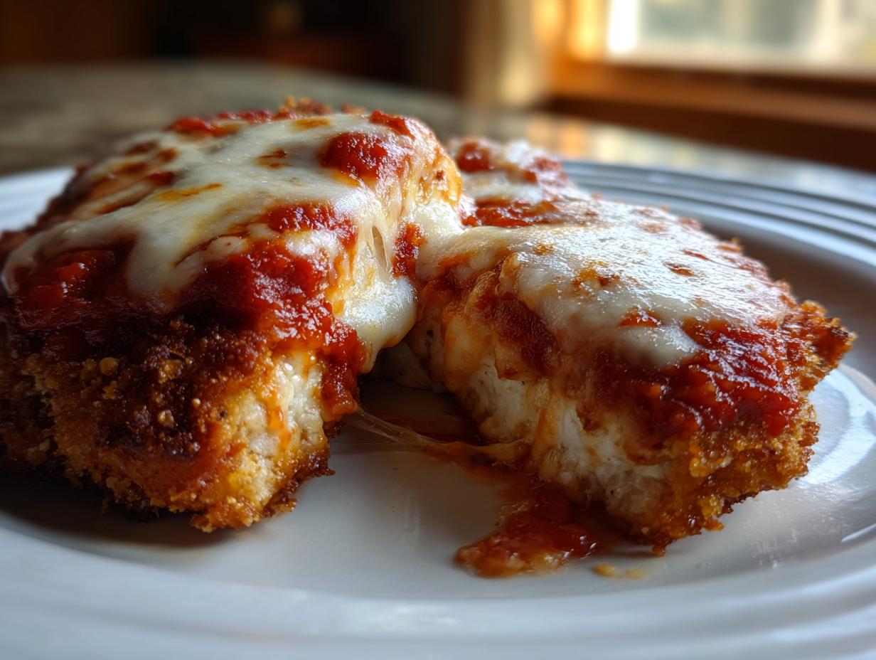 Two pieces of crispy chicken parmesan recipe topped with melted mozzarella cheese and rich marinara sauce.