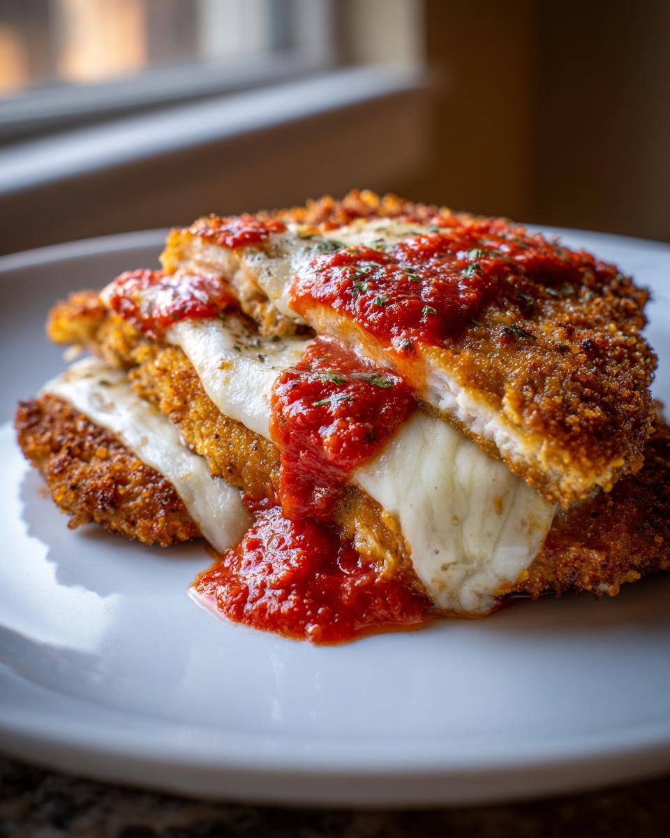 Close-up of stacked, breaded chicken parmesan recipe cutlets layered with melted mozzarella and topped with rich marinara sauce.