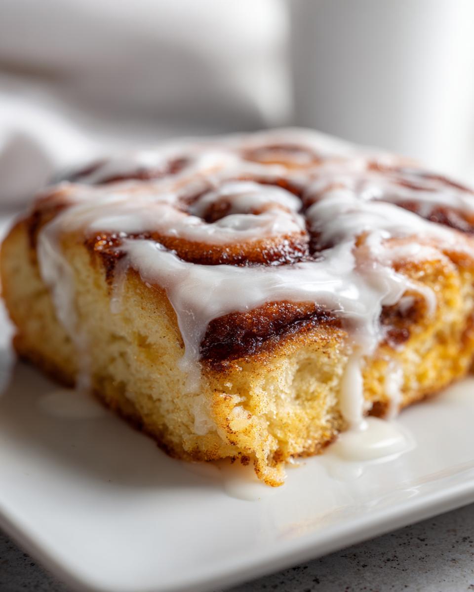 A close-up of a single, fluffy square of cinnamon roll casserole topped with thick white icing.