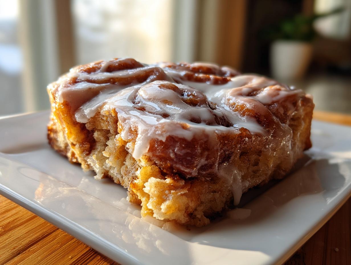 A close-up, sunlit serving of a soft Cinnamon roll casserole slice topped with thick white icing.