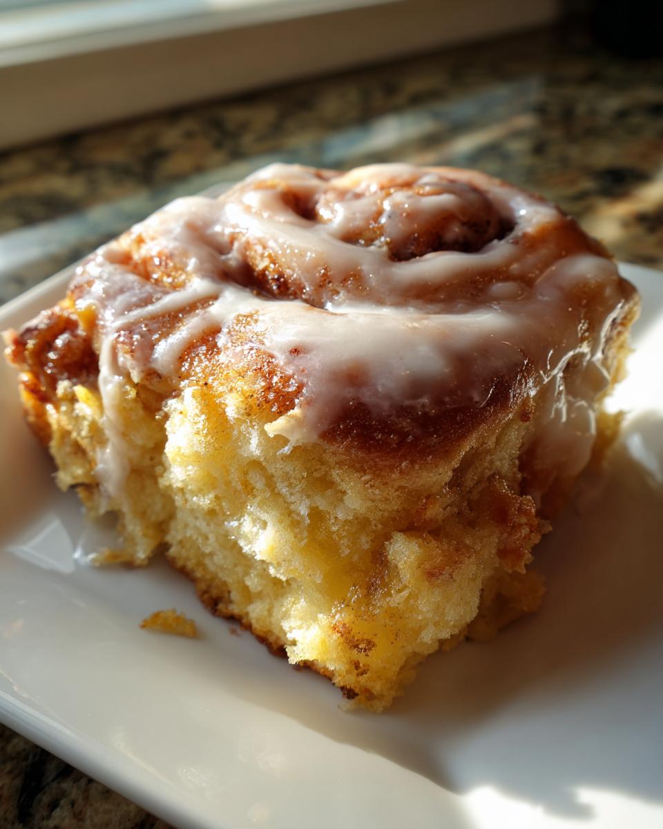 A close-up, sunlit photo of a square serving of moist cinnamon roll casserole topped with white icing.