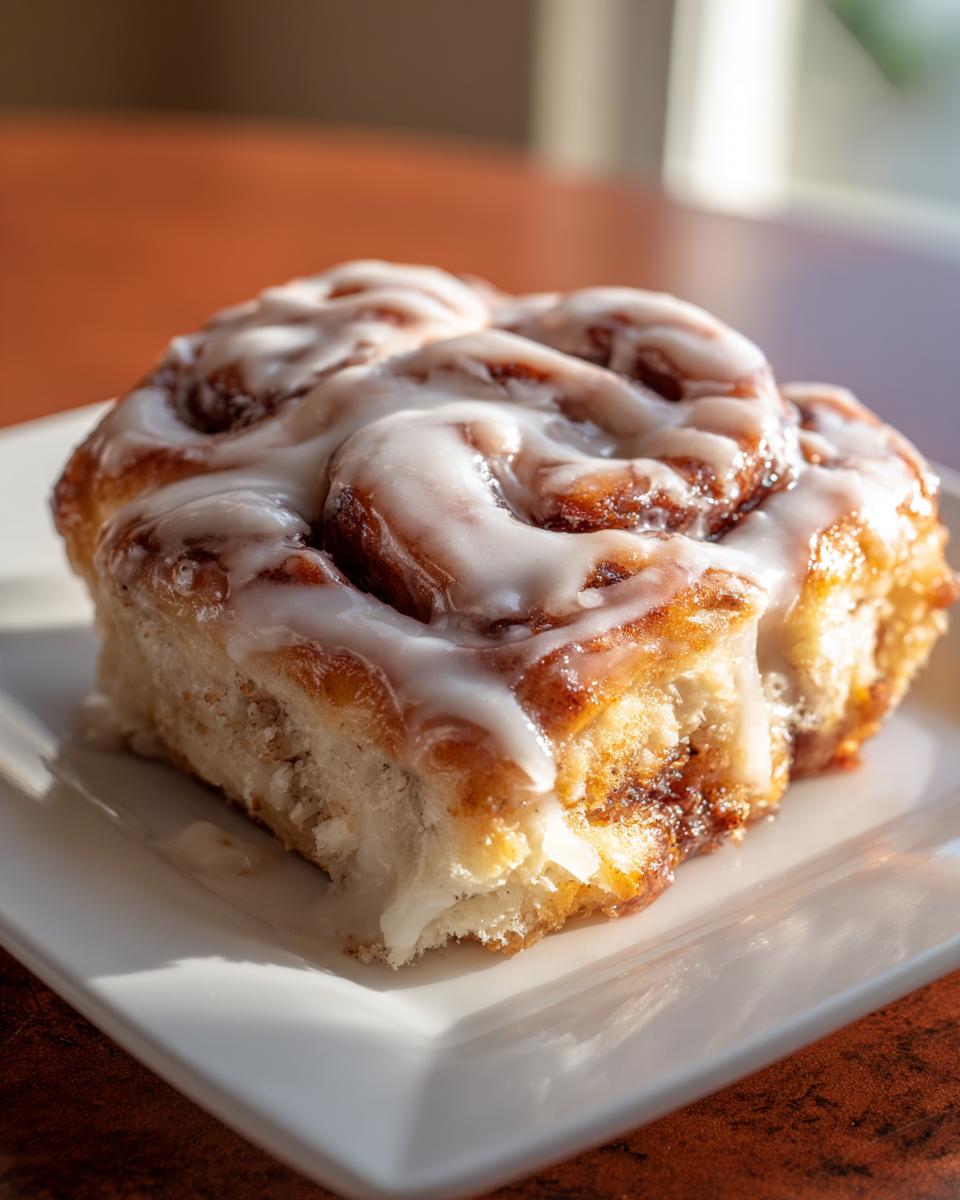 A single, freshly baked portion of cinnamon roll casserole topped generously with white icing.