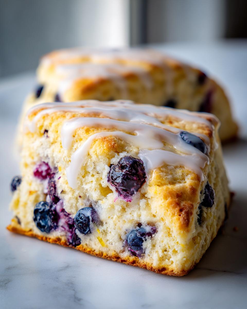 A close-up, cross-section view of a freshly baked blueberry scone topped with white glaze, showing juicy blueberries inside.