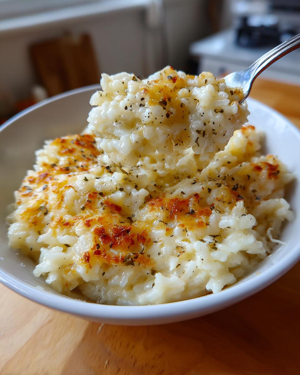 A fork lifts a bite of creamy, baked cheesy rice topped with herbs from a white bowl.