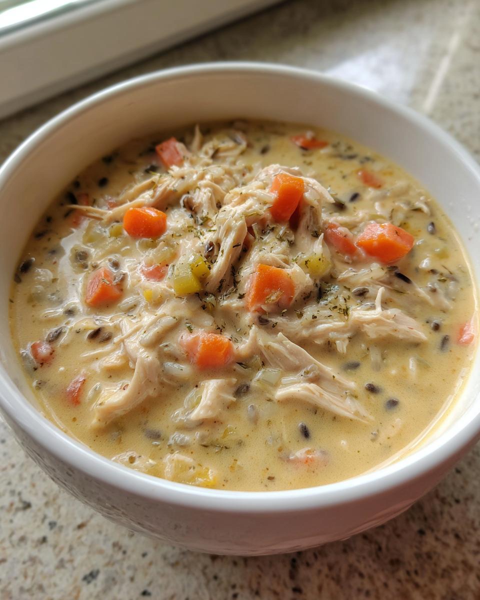 A close-up of a creamy chicken wild rice soup, topped with shredded chicken, diced carrots, and herbs.