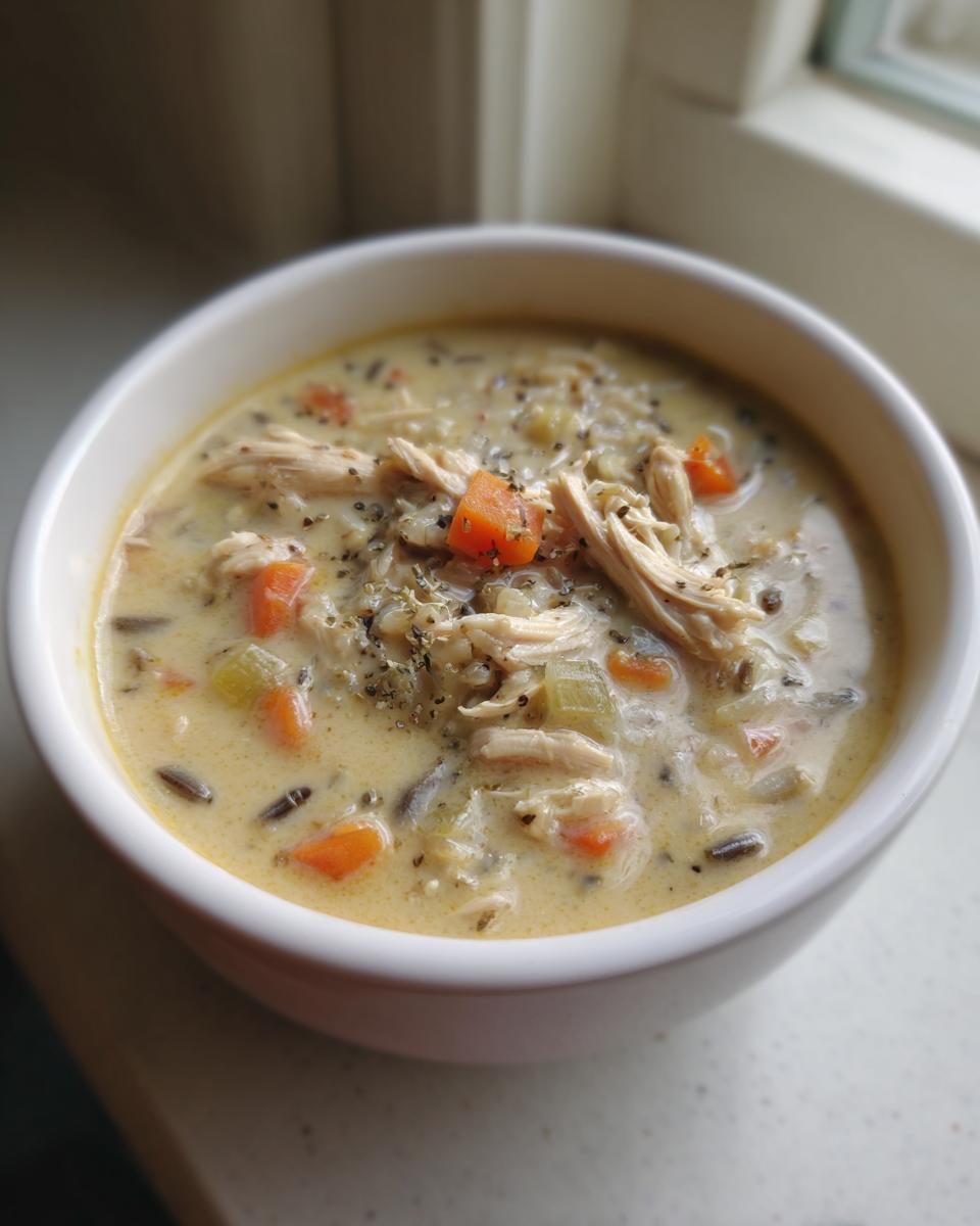A close-up of creamy chicken wild rice soup, featuring shredded chicken, carrots, celery, and dark wild rice.