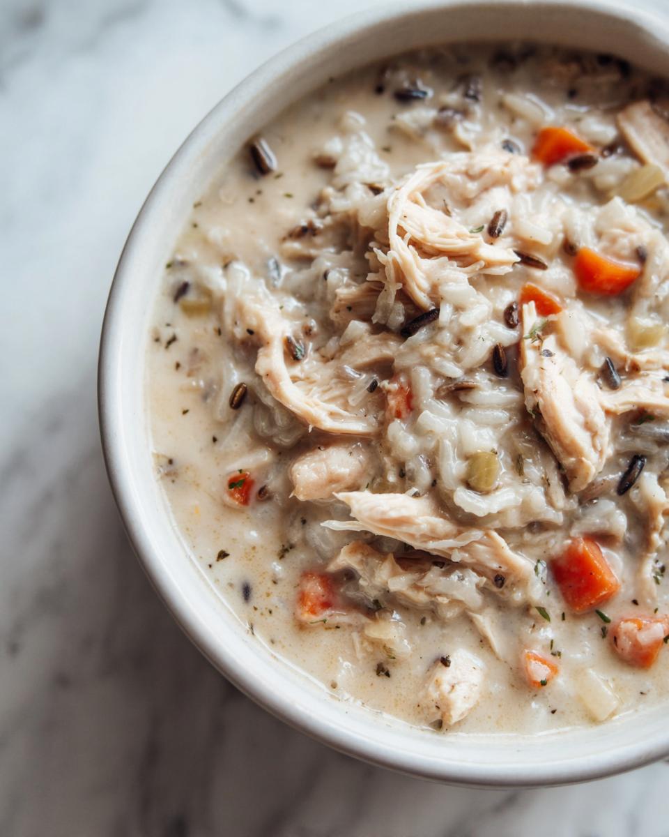 Overhead close-up of a creamy chicken wild rice soup, featuring shredded chicken, carrots, and wild rice.