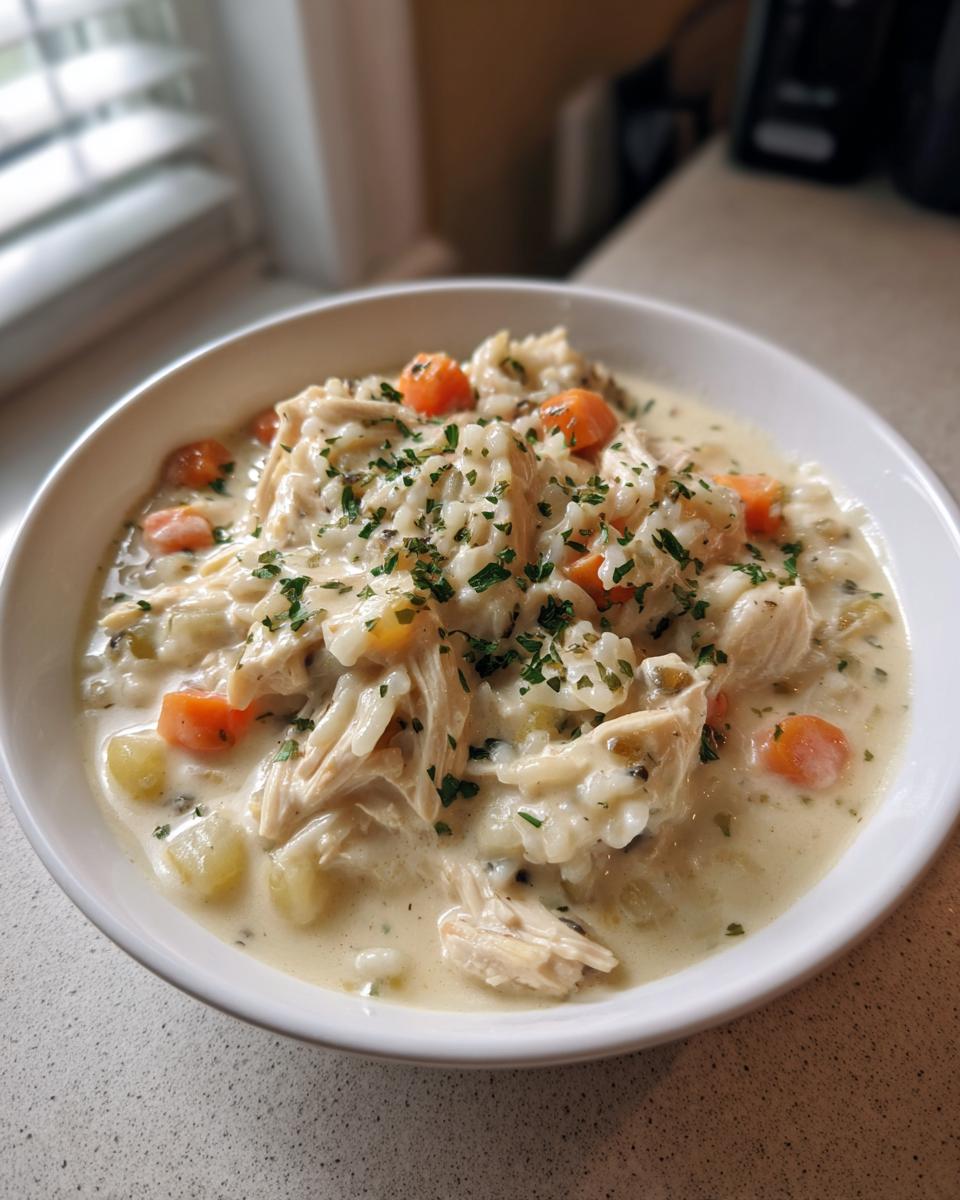 A close-up of creamy chicken and wild rice soup, topped with shredded chicken, carrots, and parsley.