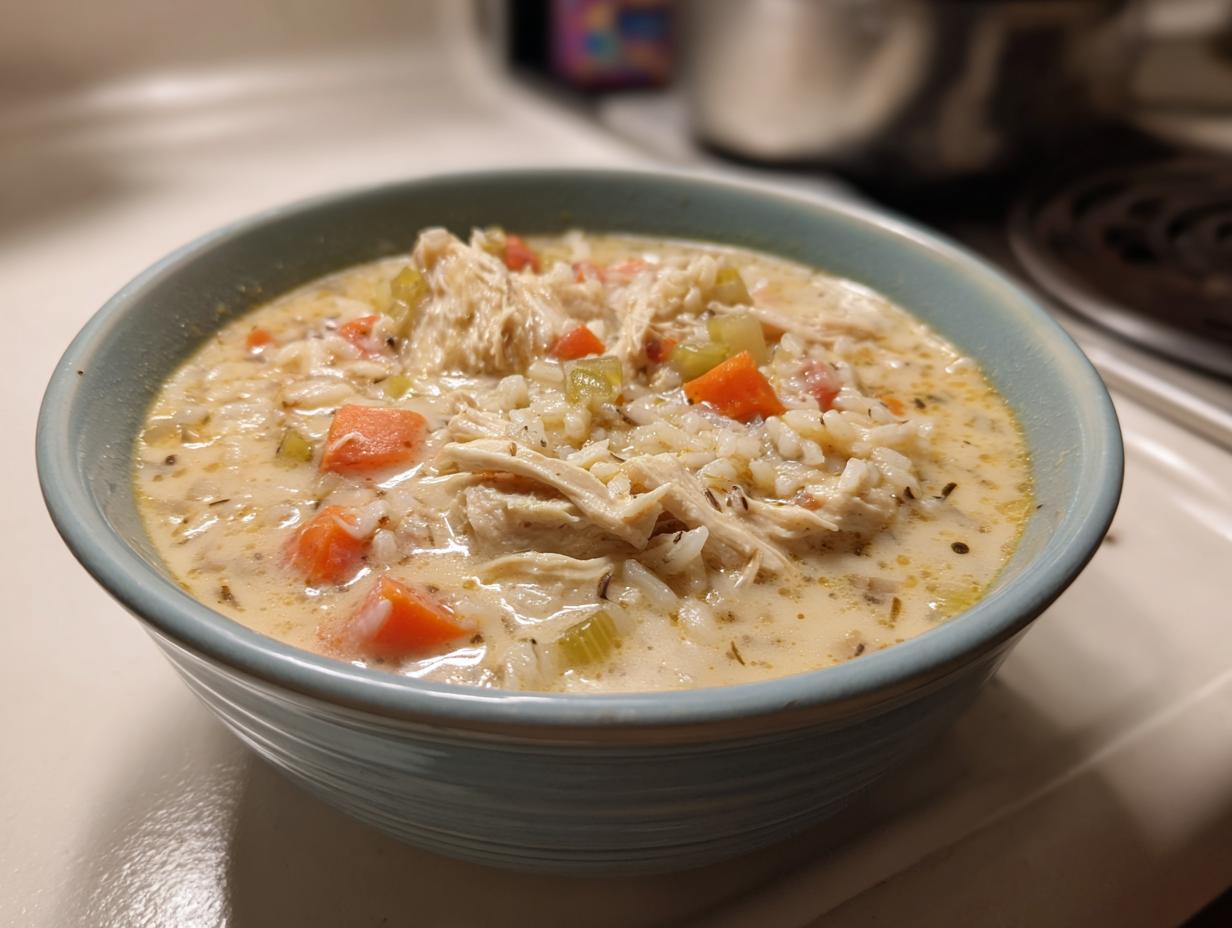 A close-up of a hearty bowl of creamy chicken and wild rice soup, featuring shredded chicken, carrots, and celery.