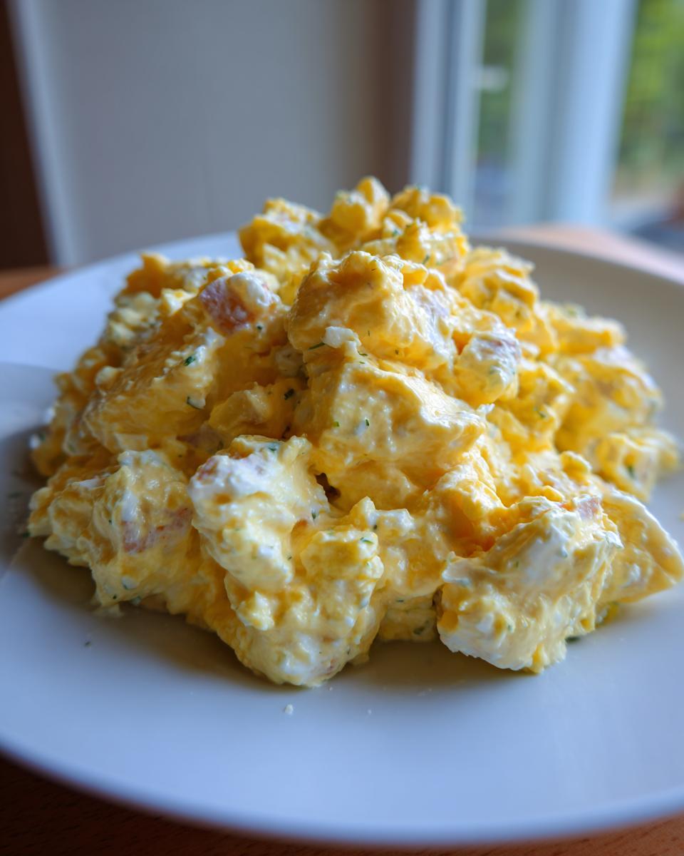 A close-up shot of a generous mound of creamy, yellow egg salad recipe seasoned with herbs, served on a white plate.