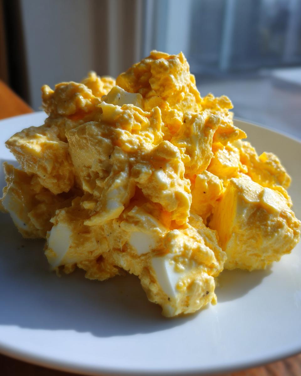 A mound of creamy, yellow egg salad recipe with visible chunks of white egg on a bright white plate.