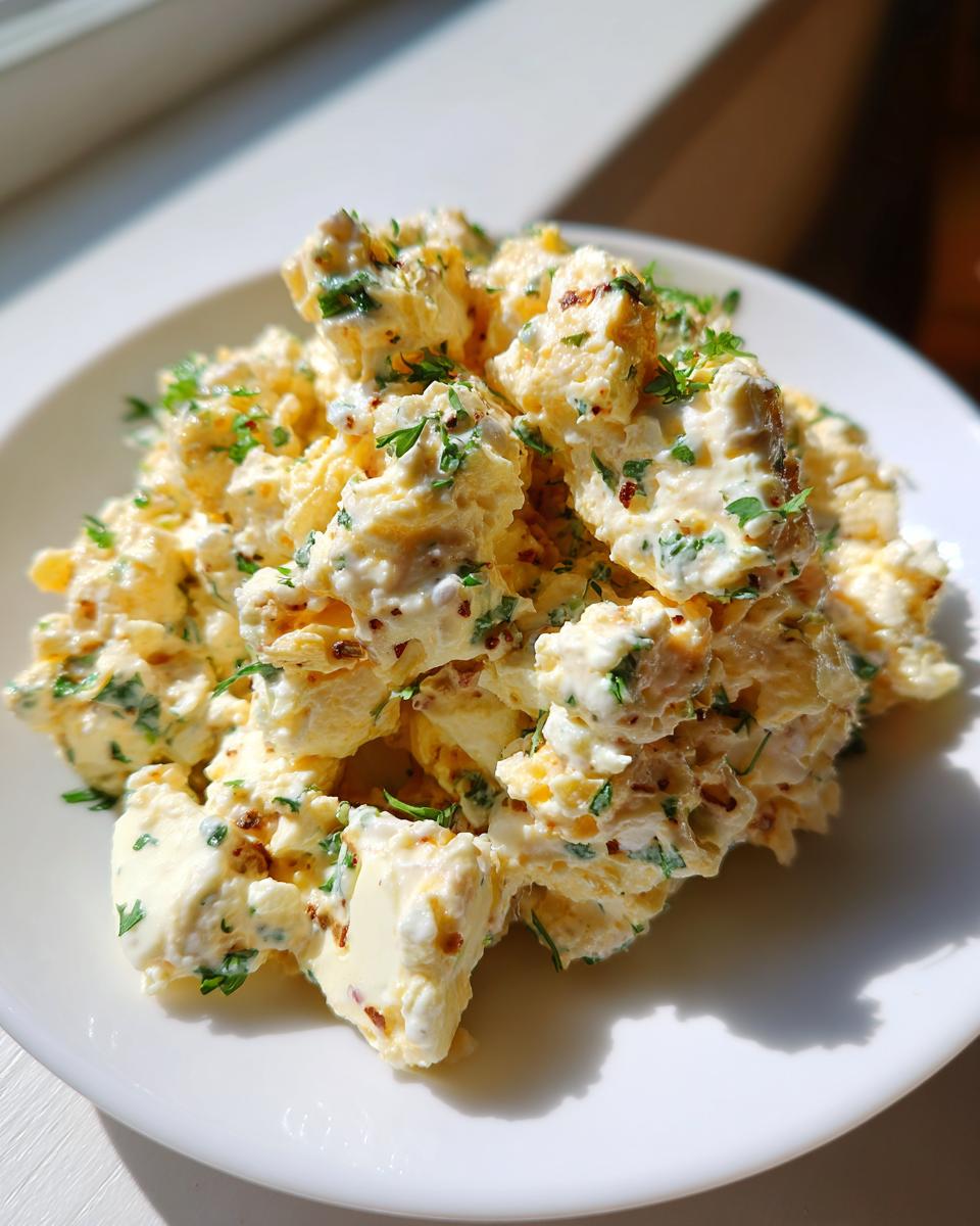 A mound of creamy, chunky egg salad recipe garnished with fresh parsley and whole grain mustard seeds on a white plate.