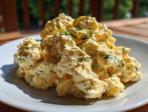 A generous mound of creamy, yellow egg salad recipe mixed with herbs, served on a white plate outdoors.