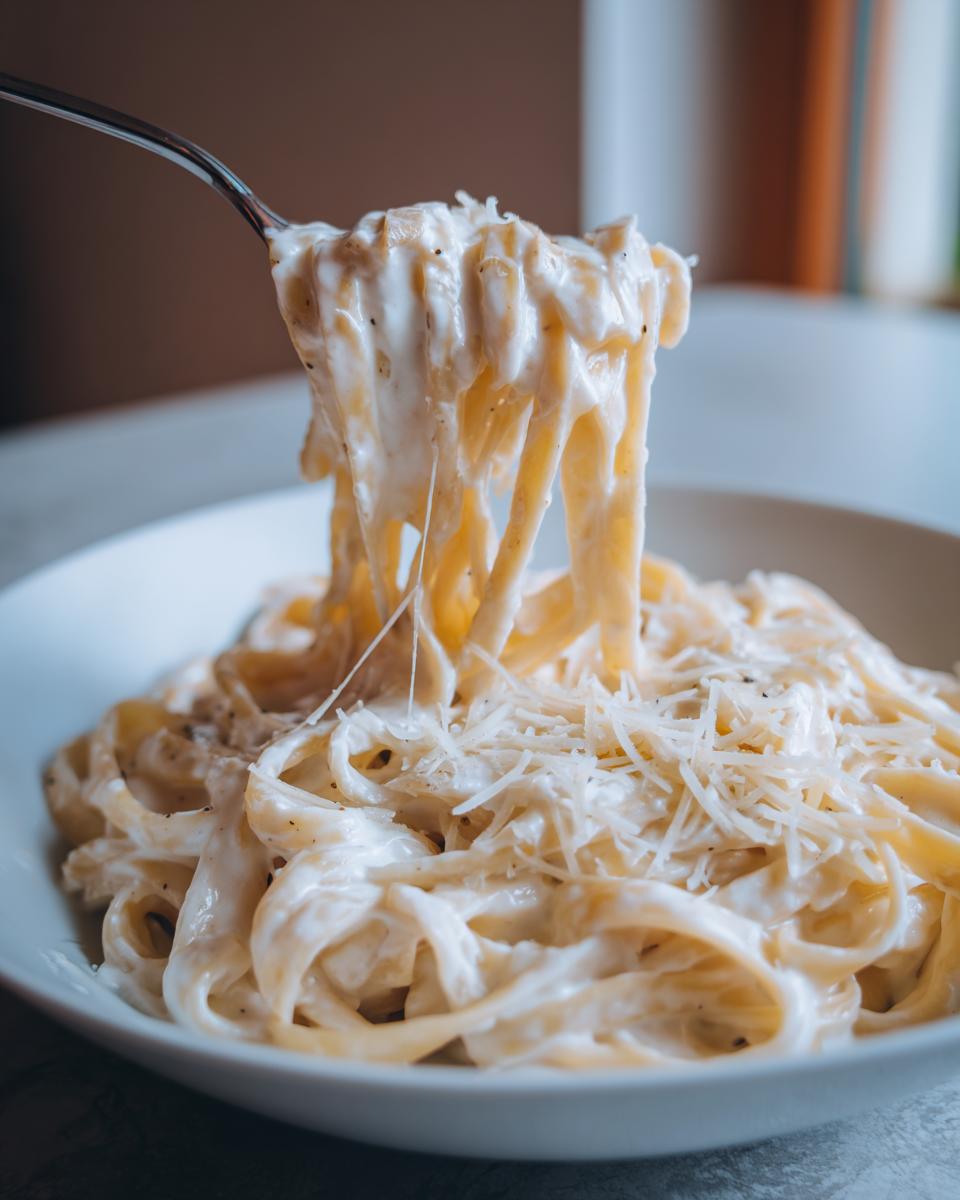 A fork lifting fettuccine noodles coated in rich homemade alfredo sauce, showing cheese pull.