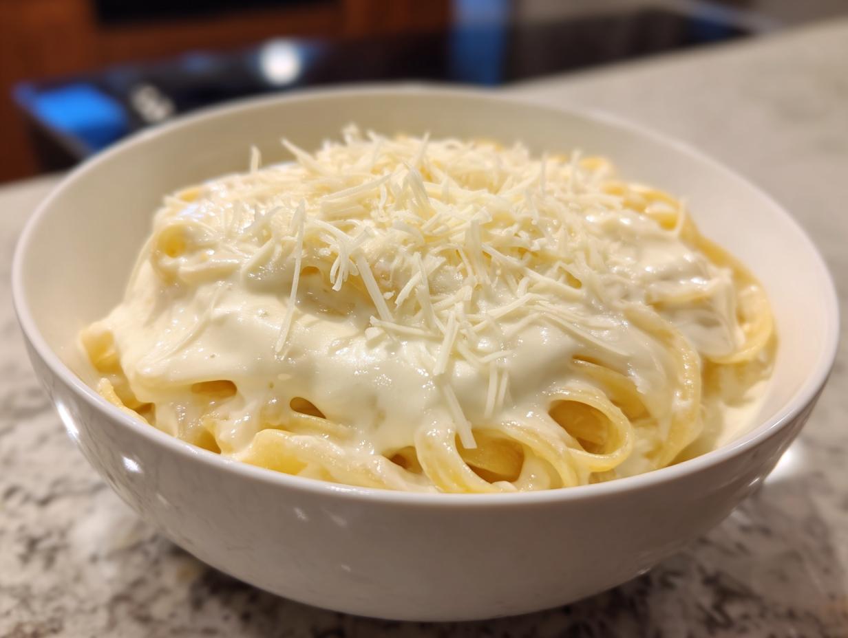 A white bowl filled with fettuccine pasta generously coated in creamy homemade alfredo sauce and topped with shredded Parmesan cheese.