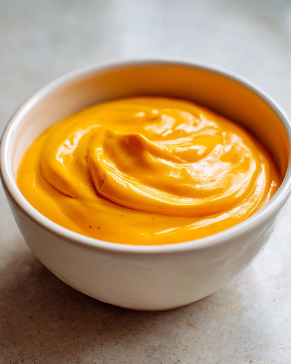 Close-up of a small white bowl filled with thick, vibrant orange homemade nacho cheese sauce.