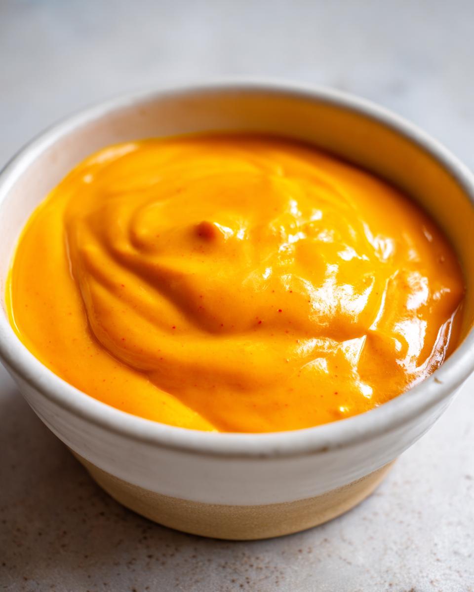 Close-up of vibrant orange, creamy nacho cheese sauce swirled in a small, two-toned ceramic bowl.