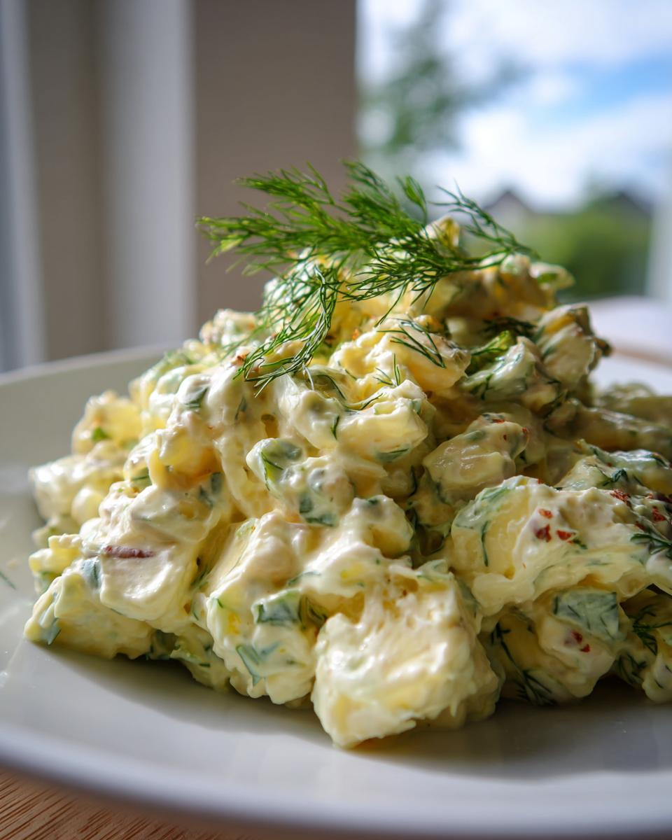 Close-up of creamy potato salad generously mixed with dressing and topped with fresh dill, not egg salad recipe.