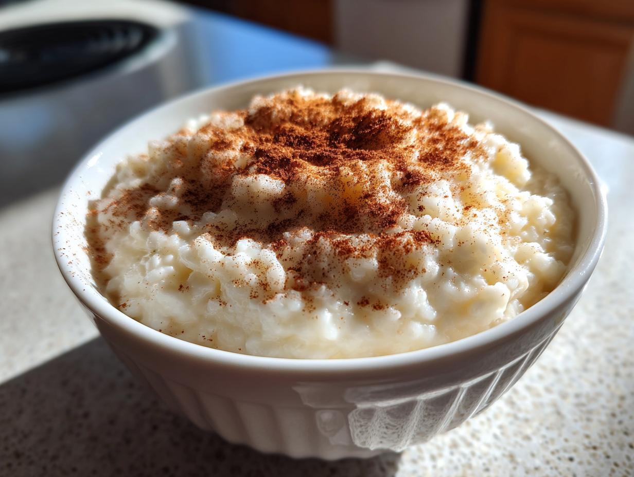 Close-up of a white bowl filled with creamy rice pudding topped generously with ground cinnamon.