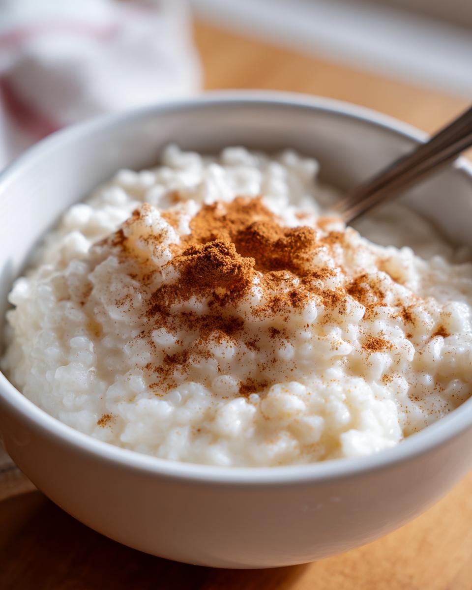 Close-up of creamy rice pudding in a white bowl, generously topped with ground cinnamon.