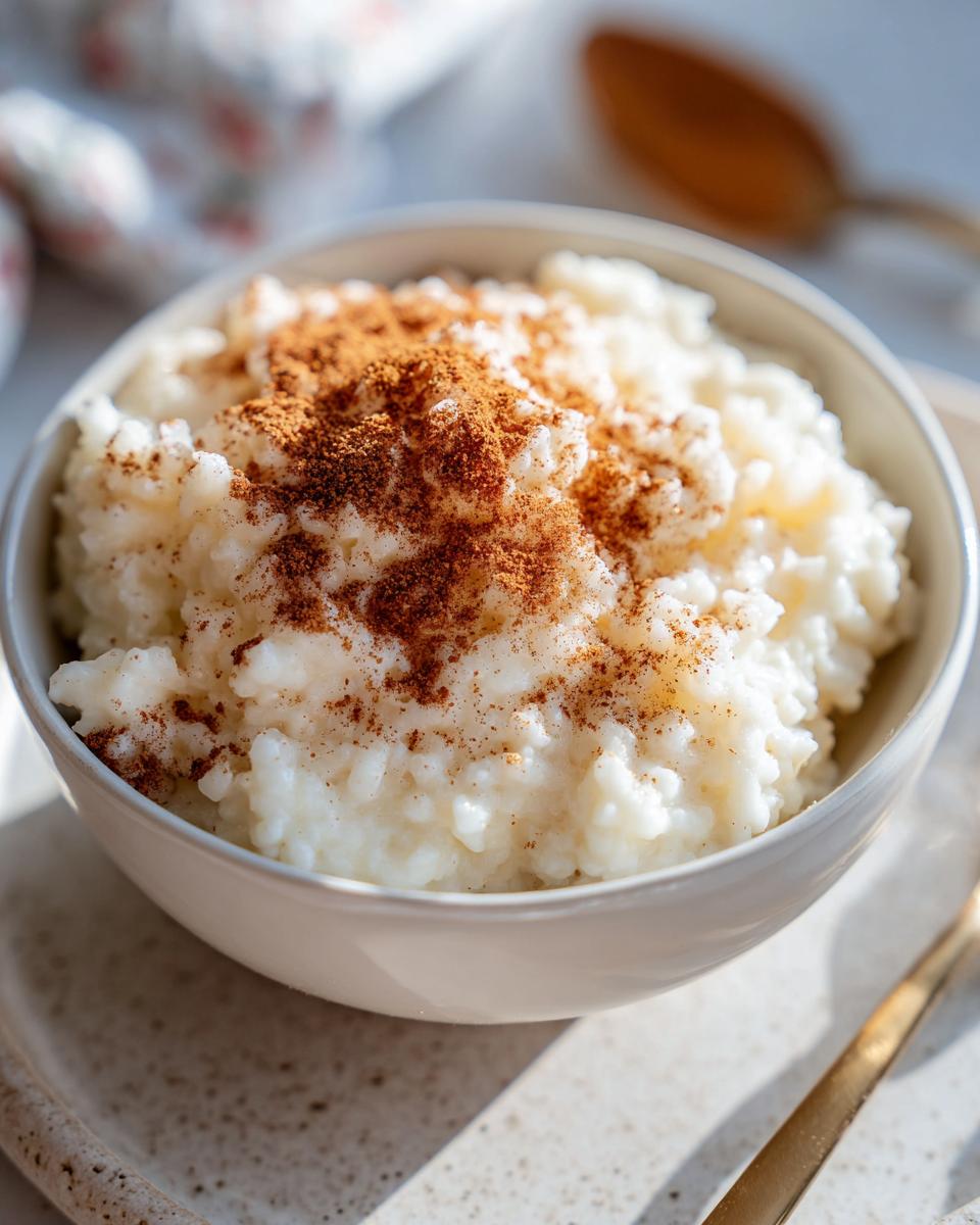 Close-up of a bowl of creamy rice pudding generously topped with ground cinnamon.