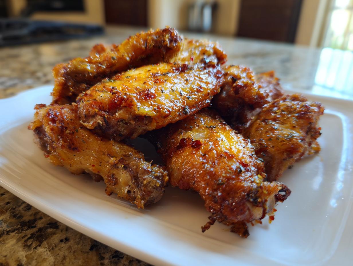 Close-up of a pile of perfectly seasoned and crispy baked chicken wings served on a white rectangular plate.