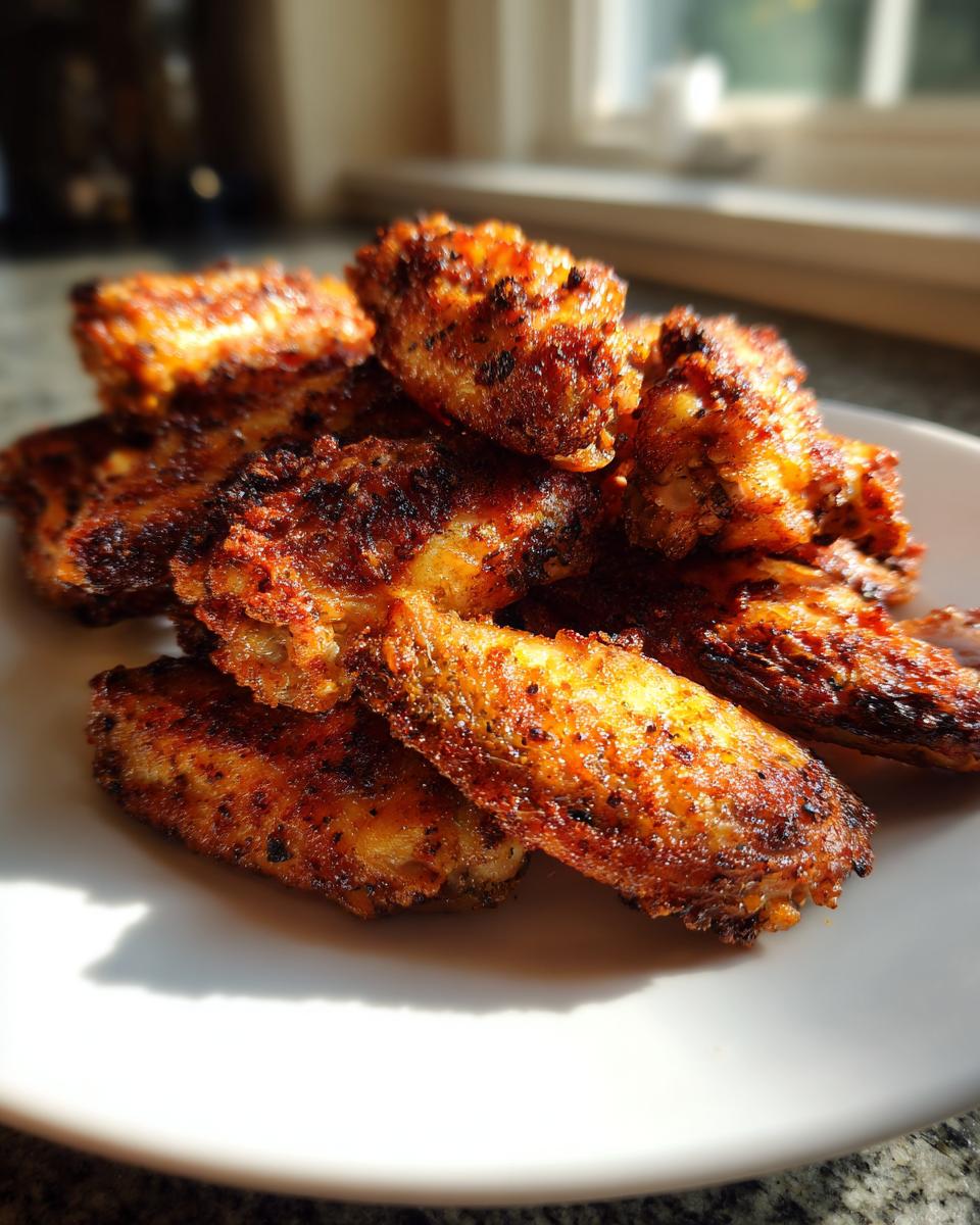 A close-up of perfectly seasoned and crispy baked chicken wings piled high on a white plate.