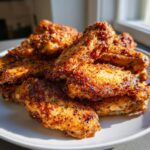 A close-up of a pile of perfectly seasoned and crispy baked chicken wings on a white plate.