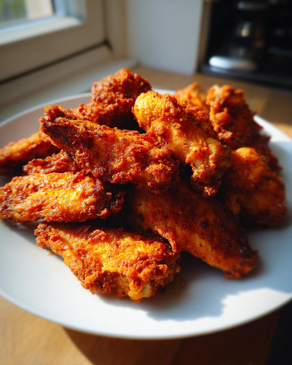 A close-up of a pile of golden brown, seasoned, crispy baked chicken wings on a white plate.