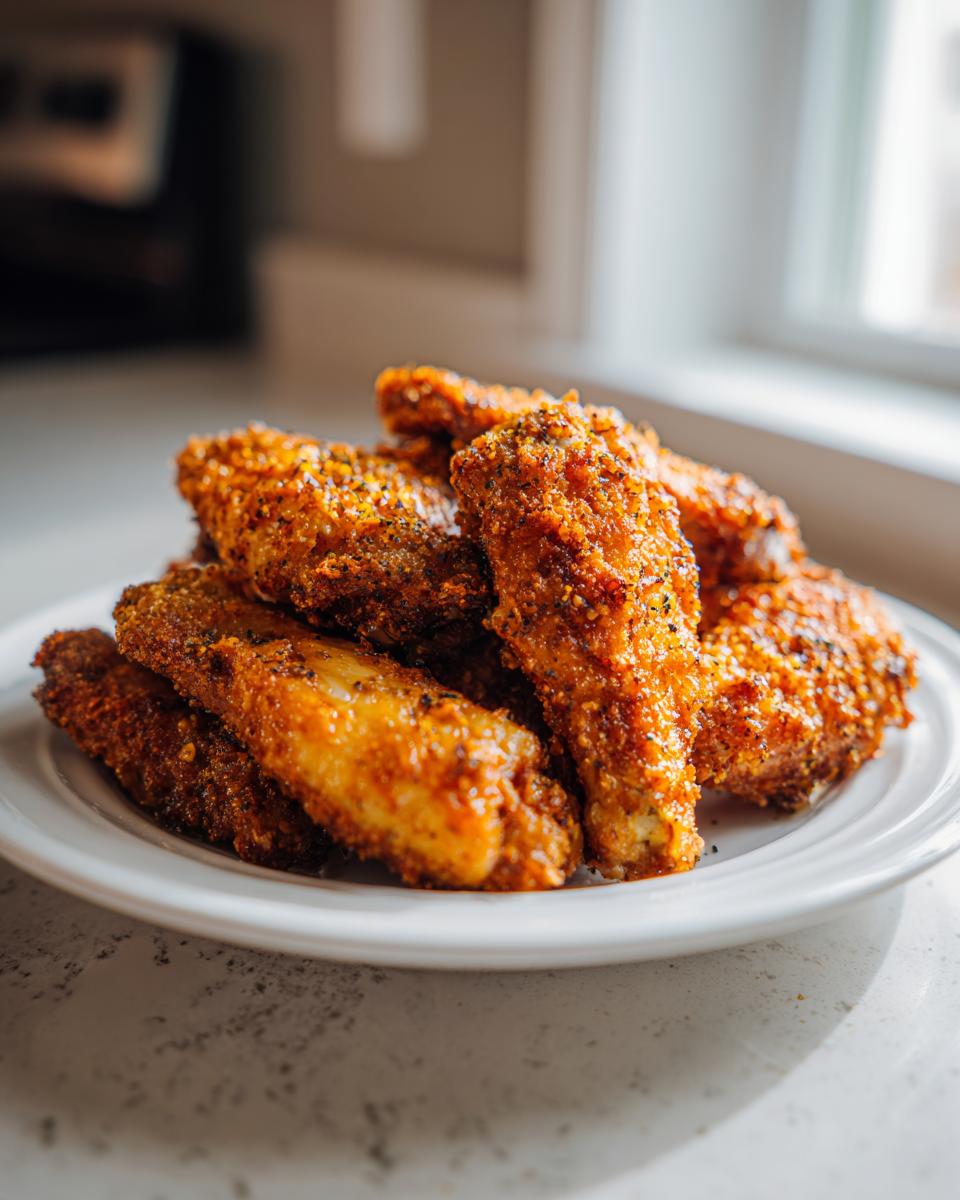 A close-up of a pile of golden brown, seasoned crispy baked chicken wings stacked on a white plate.
