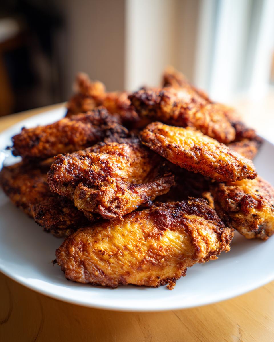 A mound of perfectly cooked, golden-brown and crispy baked chicken wings piled high on a white plate.