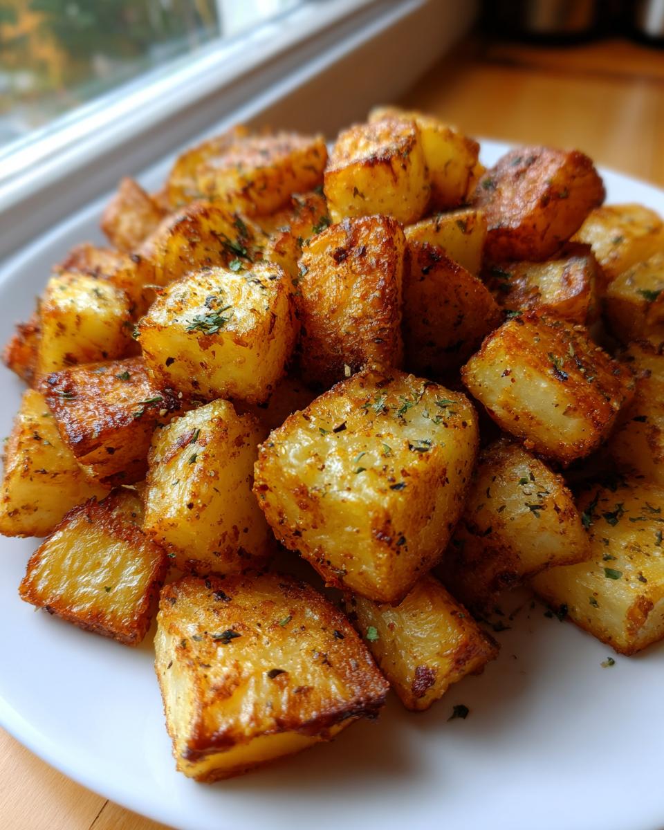 A close-up of golden brown, cubed breakfast potatoes seasoned with herbs, piled high on a white plate.