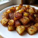 Close-up of perfectly crispy, golden-brown breakfast potatoes seasoned with herbs on a white plate.